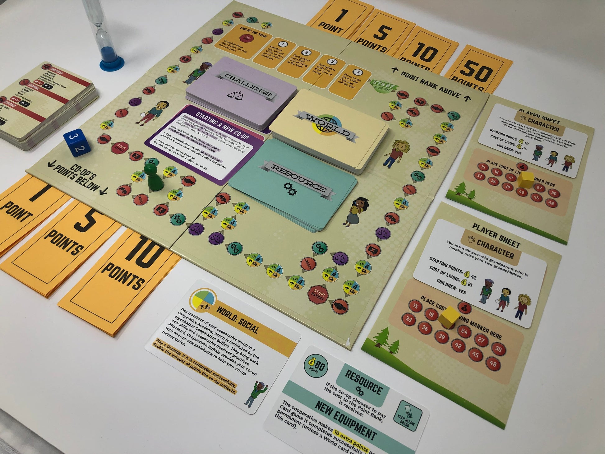 Board game components including cards and a board on a white surface