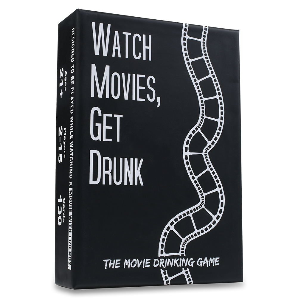 Black box with white text and film strip design, featuring 'Watch Movies, Get Drunk' on a clear background.
