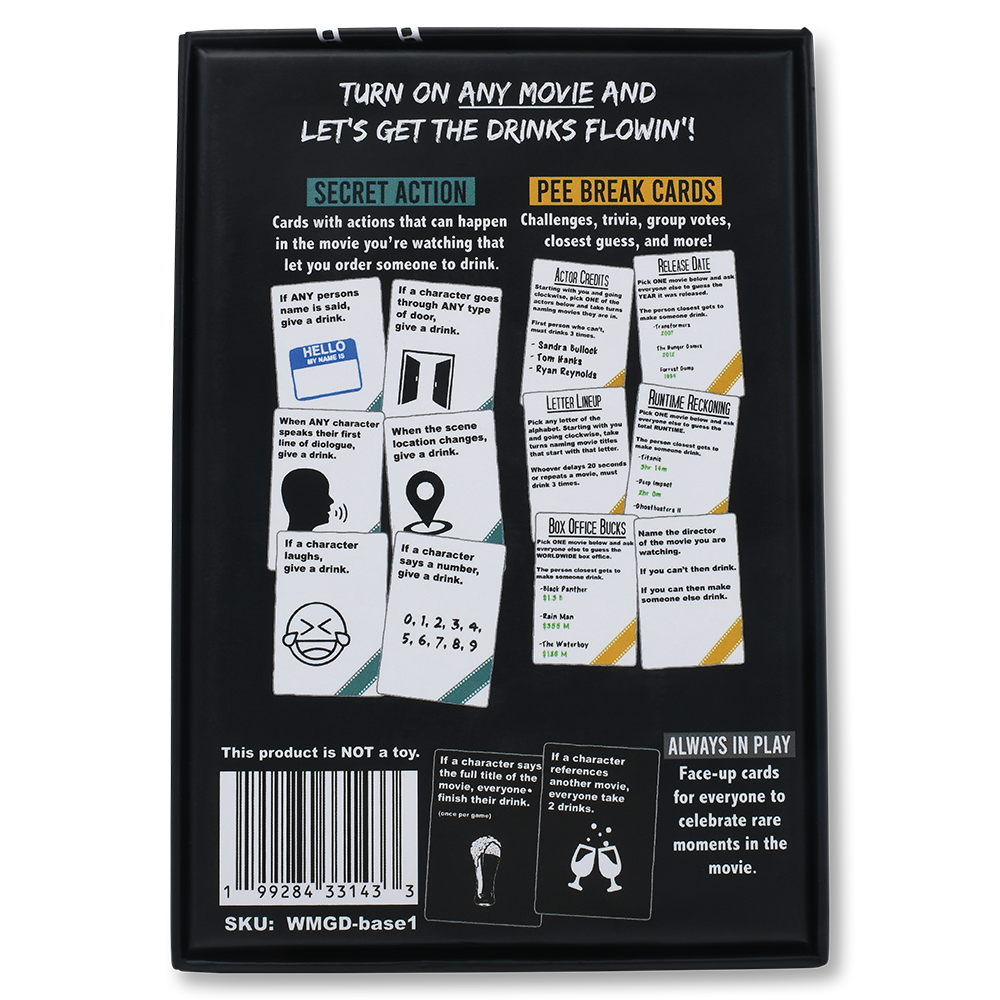 Back of a product packaging with text and card illustrations on a black background