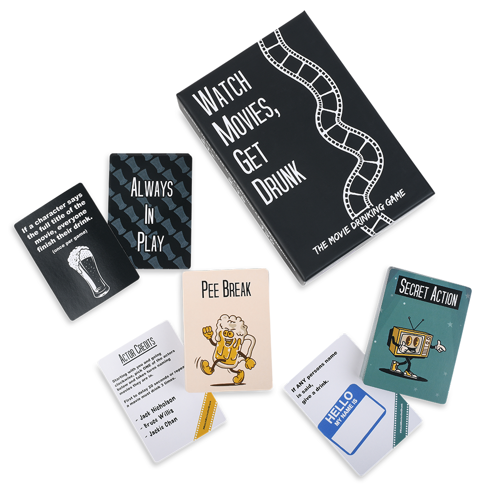 Collection of cards with movie-themed text and graphics on a black background
