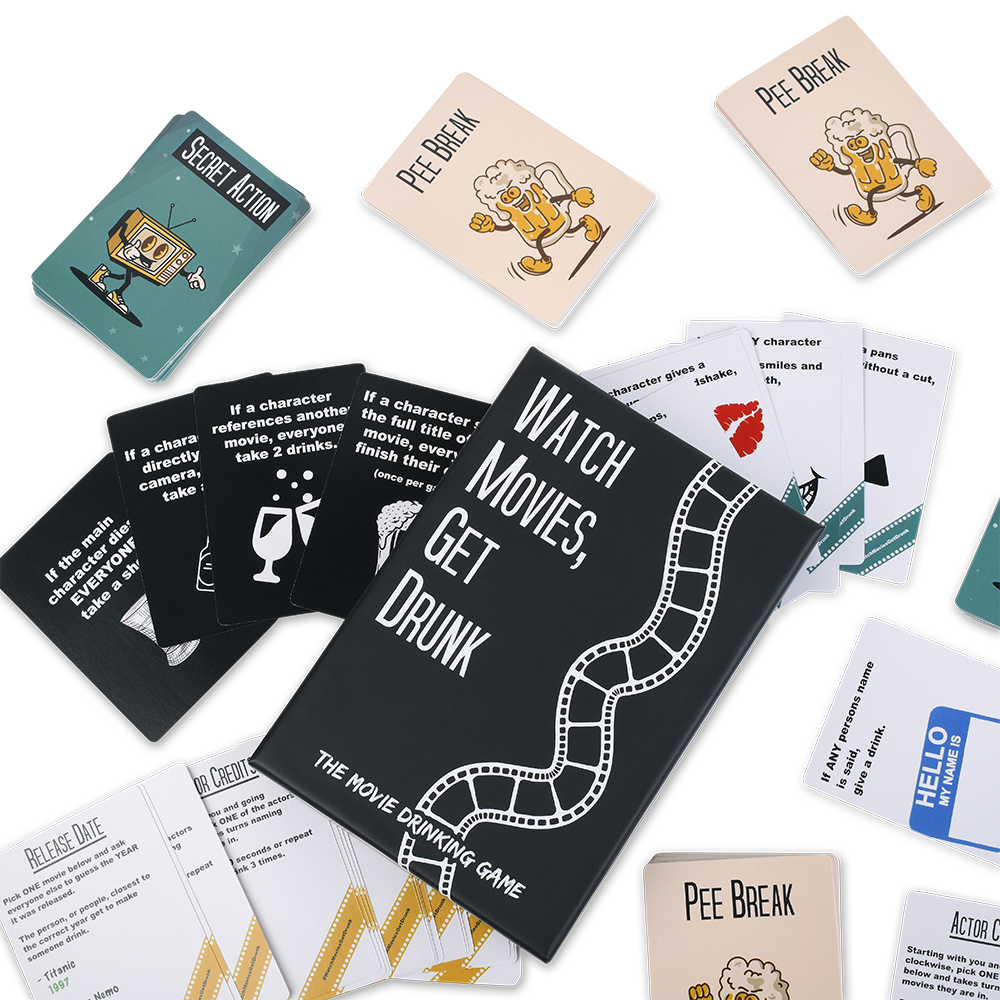 Collection of cards from a movie-themed drinking game with various humorous prompts.