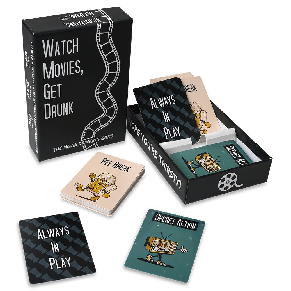 Movie-themed drinking game cards with a box labeled 'Watch Movies, Get Drunk'.