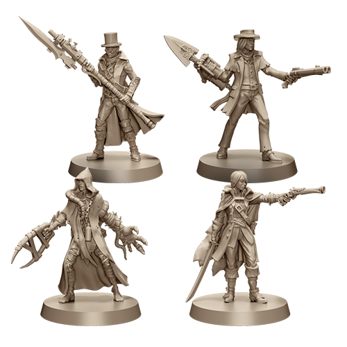 Four gray miniature figures on stands with various weapons and poses against a white background