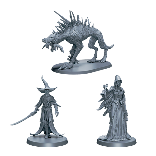 Three fantasy figurines on a white background